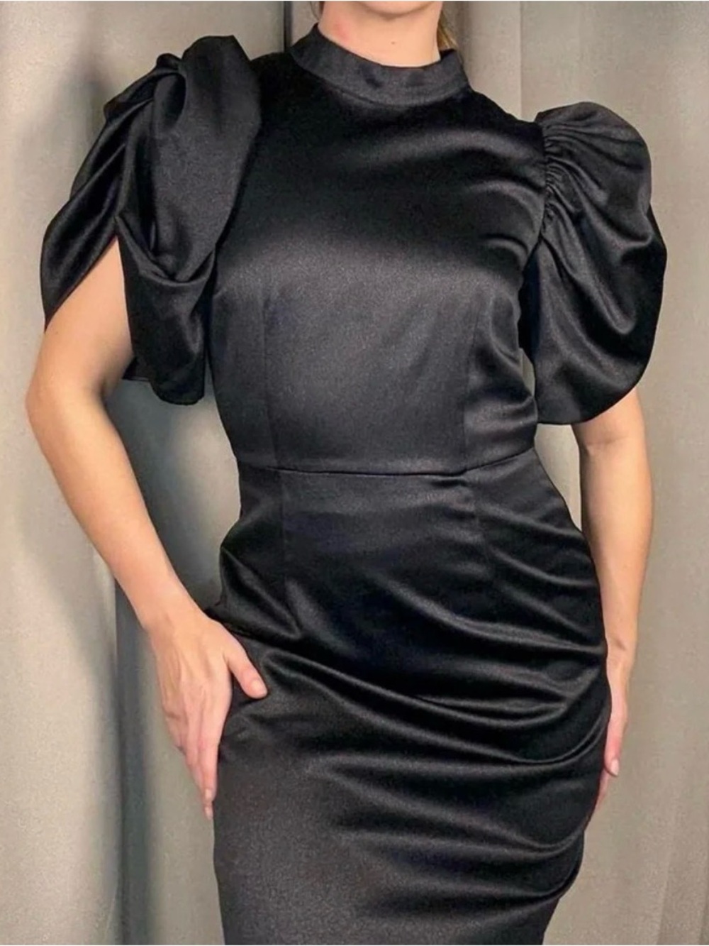 H&M Black Satin Puff-Sleeve Midi Wedding Guest Dress